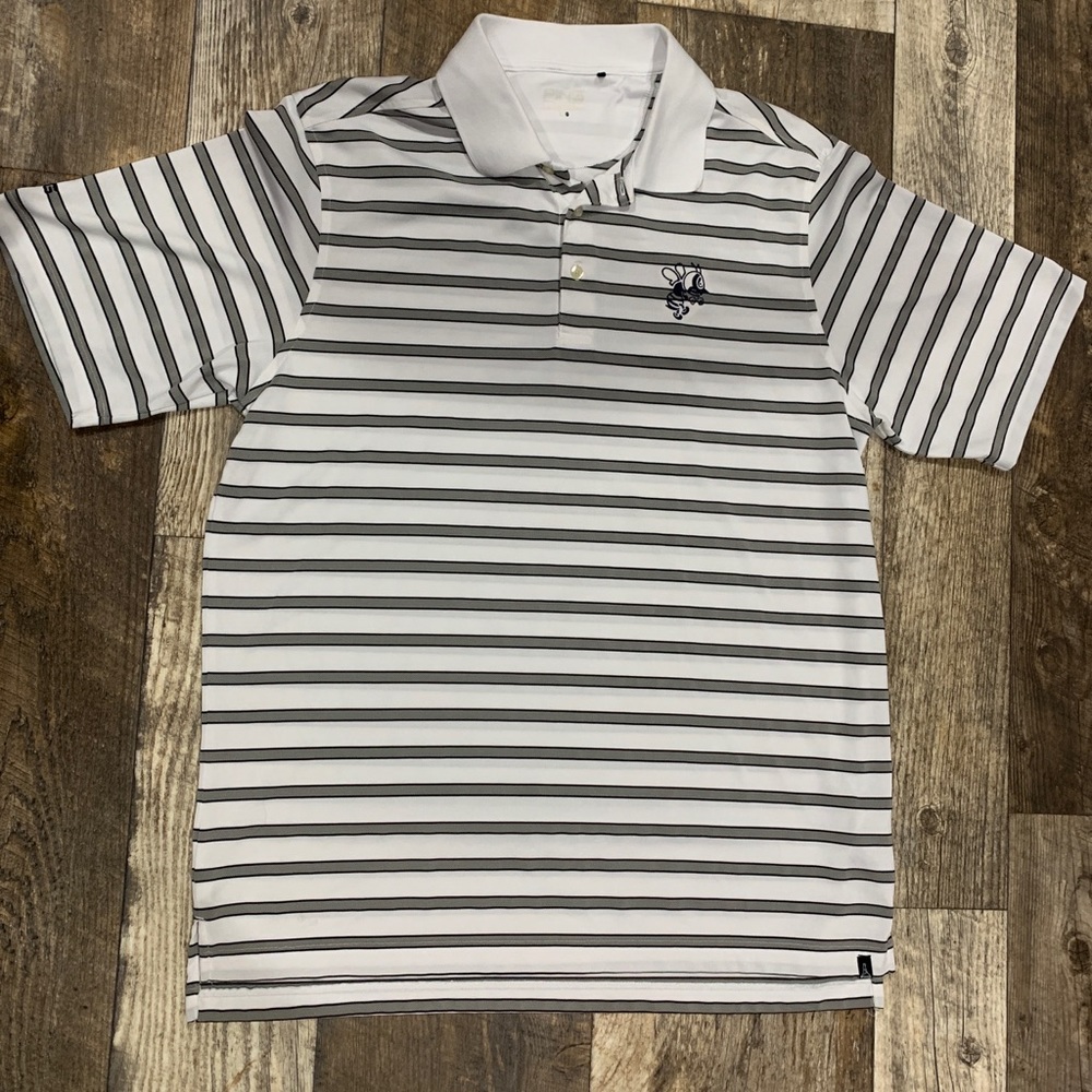 PING MAN GOLF POLO SHIRT -WHITE GRAY STRIPE PERFORMANCE STRETCH Large